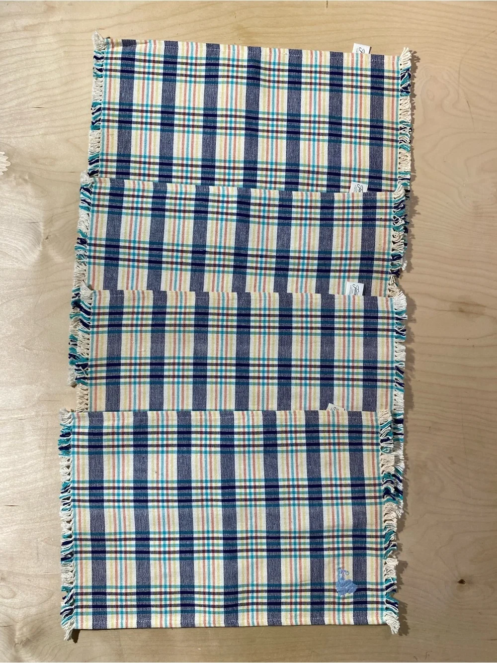 Set of 4 Fiesta Blue & Cream Plaid Placemats with Fringe (RK)